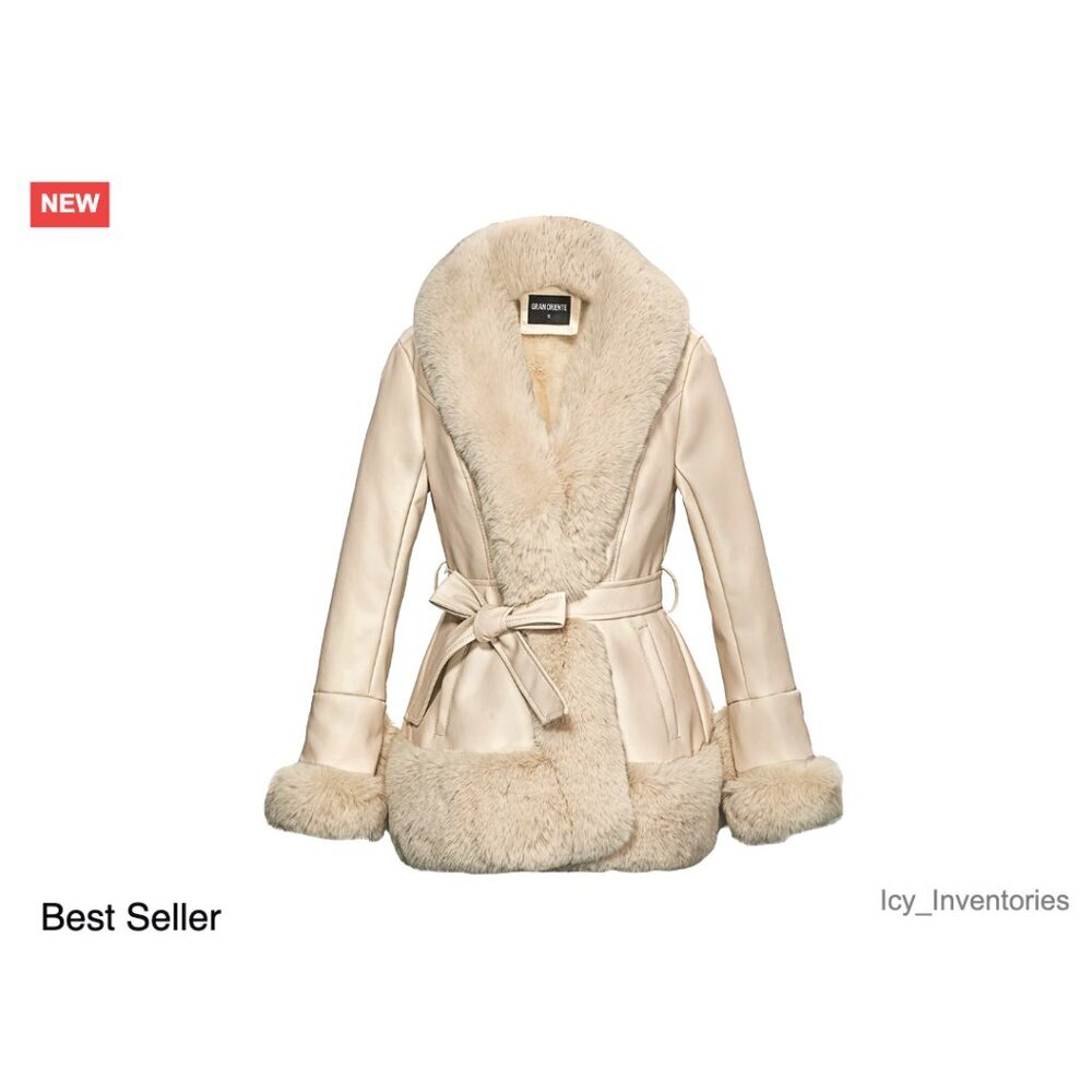 Faux Leather Jacket with Faux Fur Collar Peplum Parka Coat Belted Winter Chic